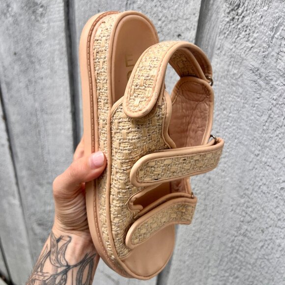 Ego Official  Hyped Double Strap Flat Dad Sandal In Natural Nude Woven Fabric - Picture 5 of 12